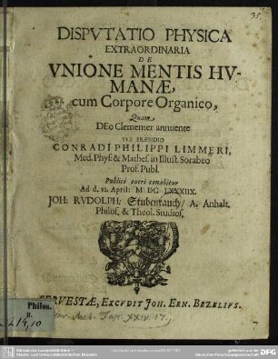 Disputatio de unione mentis humanae cum corpore organico