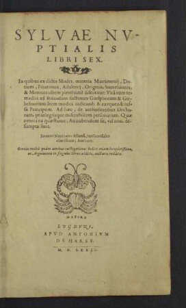 Sylvae Nvptialis Libri Sex : In quibus ex dictis Moder. materia Matrimonii, Dotium, Filiationis, Adulterii, Originis, Successionis, & Monitorialium plenissimè discutitur: Unà cum remediis ad sedandum factiones Guelphorum & Giebelinorum; Item modus iudicandi & exequendi iussa Principum; Ad haec, de authoritatibus Doctorum, privilegiisque miserabilium personarum; Quae omnia ex quaestione, An nubendum sit, vel non, desumpta sunt