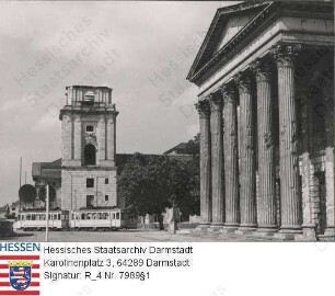 Darmstadt, Hessisches Landestheater / Bild 1 und 2: Portikus mit Blick auf den abgedeckten Turm des Landesmuseums