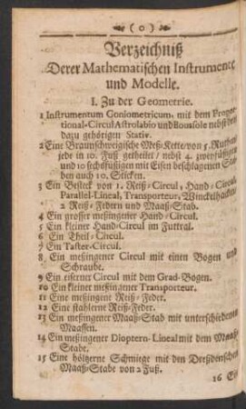 Verzeichniß Derer Mathematischen Instrumente und Modelle.