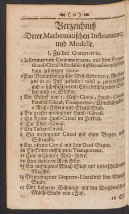 Verzeichniß Derer Mathematischen Instrumente und Modelle.