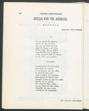 Hoja de mi árbol : Baguala. Editorial Melograf