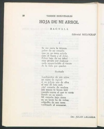 Hoja de mi árbol : Baguala. Editorial Melograf
