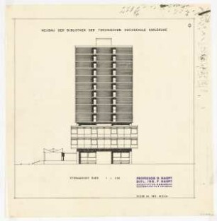 Hochschulbibliothek, Karlsruhe Neubau: Vorprojekt: Neubau der Bibliothek. Stirnansicht Süden, 1:200