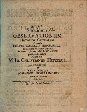 Specimen observationum historico-criticarum