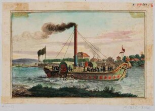 Der Seitenraddampfer Königin Maria, 1836 erbaut - 1846 abgewrackt, auf der Elbe in Dresden