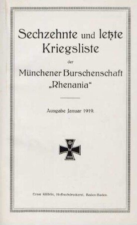 16.1919: Kriegsliste der Münchener Burschenschaft Rhenania