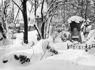 Coswig, Friedhof : Coswig, Salzstraße. Friedhof mit Grabmalen (19. Jahrhundert). Winteraufnahme