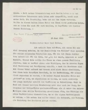 Briefabschrift an Paul Bekker : 15.06.1921