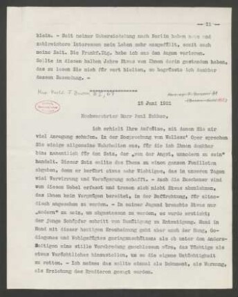 Briefabschrift an Paul Bekker : 15.06.1921