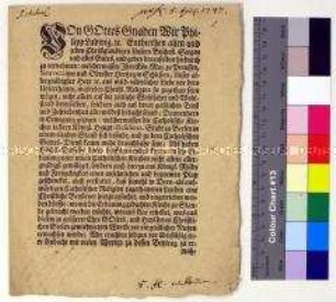 Hirtenbrief des Fürstbischofs von Breslau Philipp Ludwig von Sinzendorf betreffs Patent zum Bau einer katholischen Kirche, Schenkung eines Bauplatzes und Geldsammlung