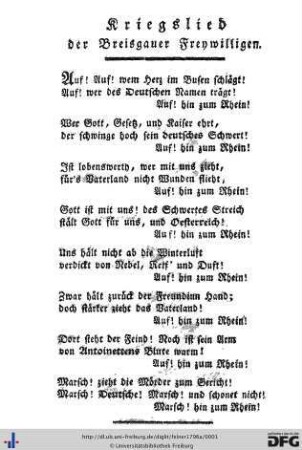 Kriegslied der Breisgauer Freywilligen.