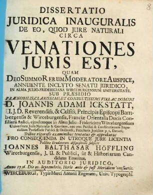 Dissertatio Juridica Inauguralis De Eo, Quod Jure Naturali Circa Venationes Juris Est