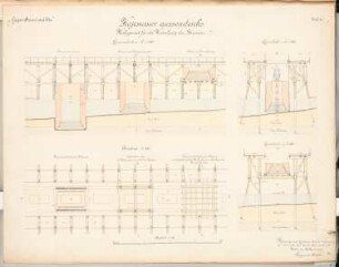 Seehafen Schinkelwettbewerb 1898: Kaimauer des Außendeichs und Brunnen: Holzgerüste für die Versenkung der Brunnen (Schnitte, Grundriss 1:100)