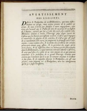 Avertissement des Libraires.
