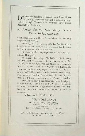 Programm für den feierlichen Schluß der Internationalen Elektricitäts-Ausstellung verbunden mit elektro-technischen Versuchen im Königl. Glaspalaste zu München 1882