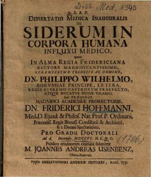 Dissertatio Medica Inauguralis De Siderum In Corpora Humana Influxu Medico
