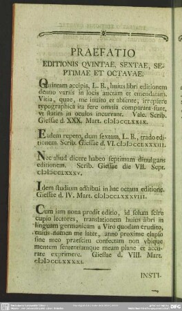 Praefatio Editionis Quintae, Sextae, Septimae Et Octavae