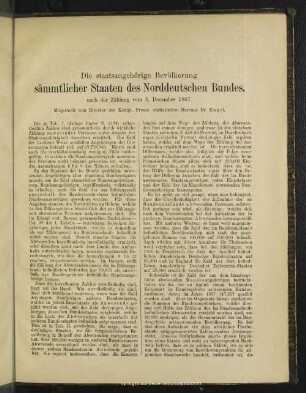 Die staatsangehörige Bevölkerung sämmtlicher Staaten des Norddeutschen Bundes nach der Zählung vom 3. December 1867