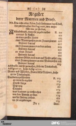 Register derer Materien und Briefe.