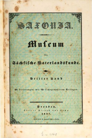 Saxonia : Museum für sächsische Vaterlandskunde. 3. 1837