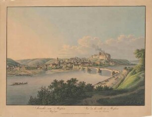 Stadtansicht von Meißen, Blick vom Ratsweinberg über die Elbe und die Elbbrücke (fünfter Zustand 1815 bis 1866) auf die Altstadt und den Burgberg mit Albrechtsburg und Dom