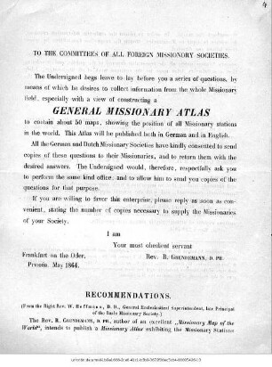 To the commitees of all foreign missionory societies : [General Missionary Atlas]