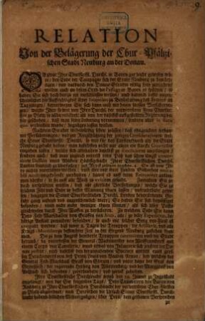 Relation Von der Belägerung der Chur-Pfältzischen Stadt Neuburg an der Donau : [Ingolstadt den 8. Februarij 1703.]