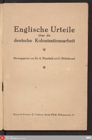 Englische Urteile über die deutsche Kolonisationsarbeit