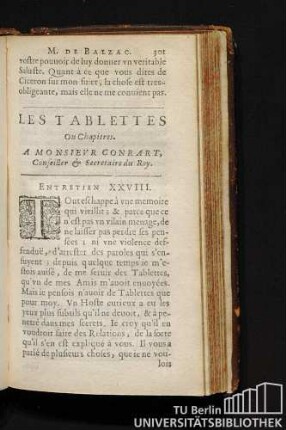 Les Tablettes Ou Chapitres. A Monsievr Conrart, Conseiller & Secretaire du Roy. Entretien XXVIII.