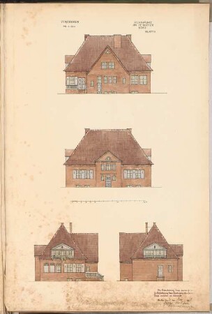 Dorfanlage Schinkelwettbewerb 1908: Pfarrhaus. Ansichten 1:100