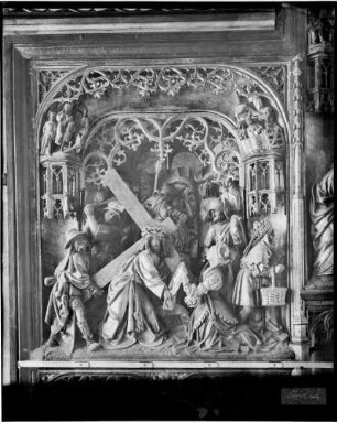 Kirrlach Katholische Pfarrkirche Sankt Cornelius und Cyprian Schnitzaltar Die Kreuztragung (18. Jahrhundert)