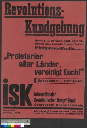 Plakat zu einer Kundgebung des Internationalen                                         Sozialistischen Kampfbundes (ISK) am 10. November 1931 in                                         Braunschweig