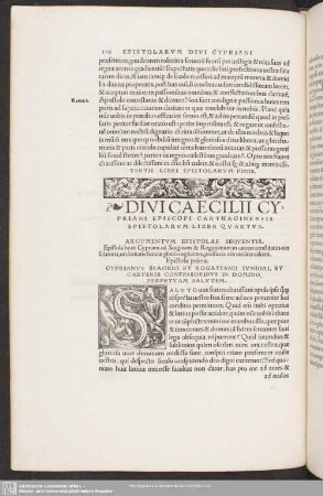 Divi Caecilii Cypriani Episcopi Carthaginensis Epistolarum Liber Quartus