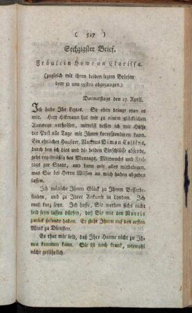 Sechzigster Brief. Fräulein Howe an Clarissa. - Zwei und sechzigster Brief. Clarissa an Fräulein Howe.