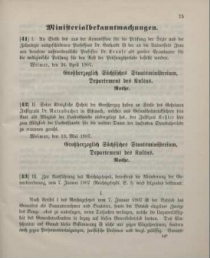 43. Ministerialbekanntmachung zur Ausführung des Reichsgesetzes, betreffend die Abänderung der Gewerbeordnung, vom 7. Januar 1907