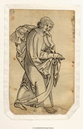 Evangelist Johannes (?), bartlos, nach rechts, die Hände vorstreckend