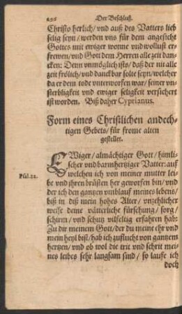Form eines Christlichen andechtigen Gebets/ für frome alten gestellet.