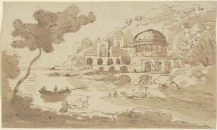 Meeresbucht, rechts ein monumentales Bauensemble mit säulengestütztem Kuppelbau