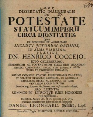 Dissertatio Inauguralis De Potestate Statuum Imperii Circa Dignitates