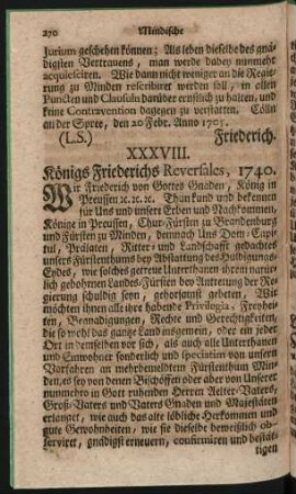 XXXVIII. Königs Friederichs Reversales, 1740.