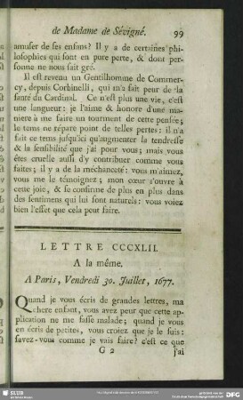 Lettre CCCXLII. A la même. A Paris, Vendredi 30. Juillet, 1677
