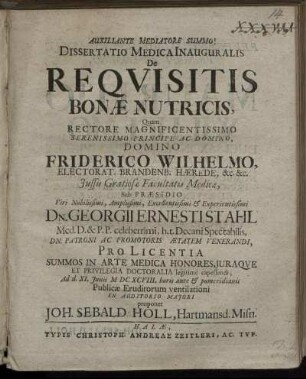 Dissertatio Medica Inauguralis De Requisitis Bonae Nutricis