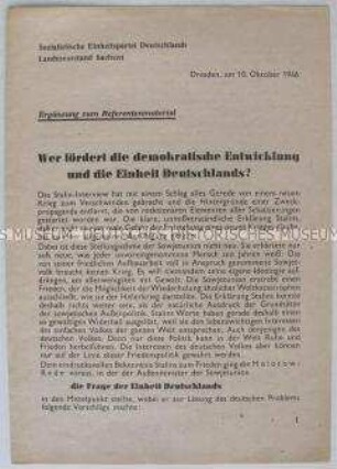 Schulungsmaterial für Refenrenten der SED zum Thema "deutsche Einheit"