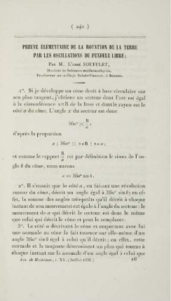 Preuve élémentaire de la rotation de la terre par les oscillations du pendule libre.