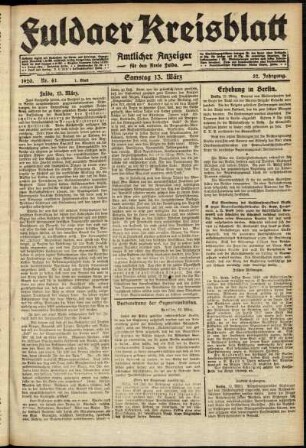 Erste Ausgabe vom Samstag, den 13. März 1920.
