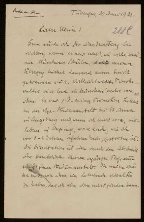 Nr. 288C Brief von Alexander von Brill an Felix Klein. Tübingen, 20.6.1921