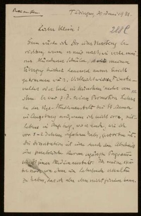 Nr. 288C Brief von Alexander von Brill an Felix Klein. Tübingen, 20.6.1921