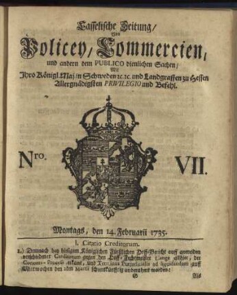 Nro. VII, Montags, den 14. Februarii 1735