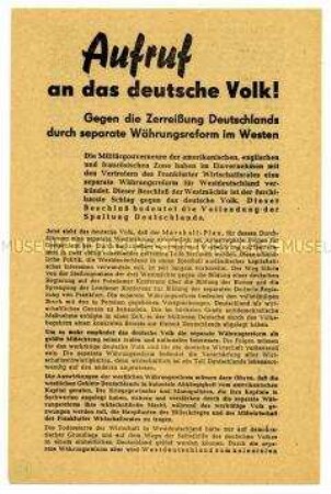 Propagandaflugblatt des Parteivorstandes der SED gegen die separate Währungsreform in den westlichen Besatzungszonen